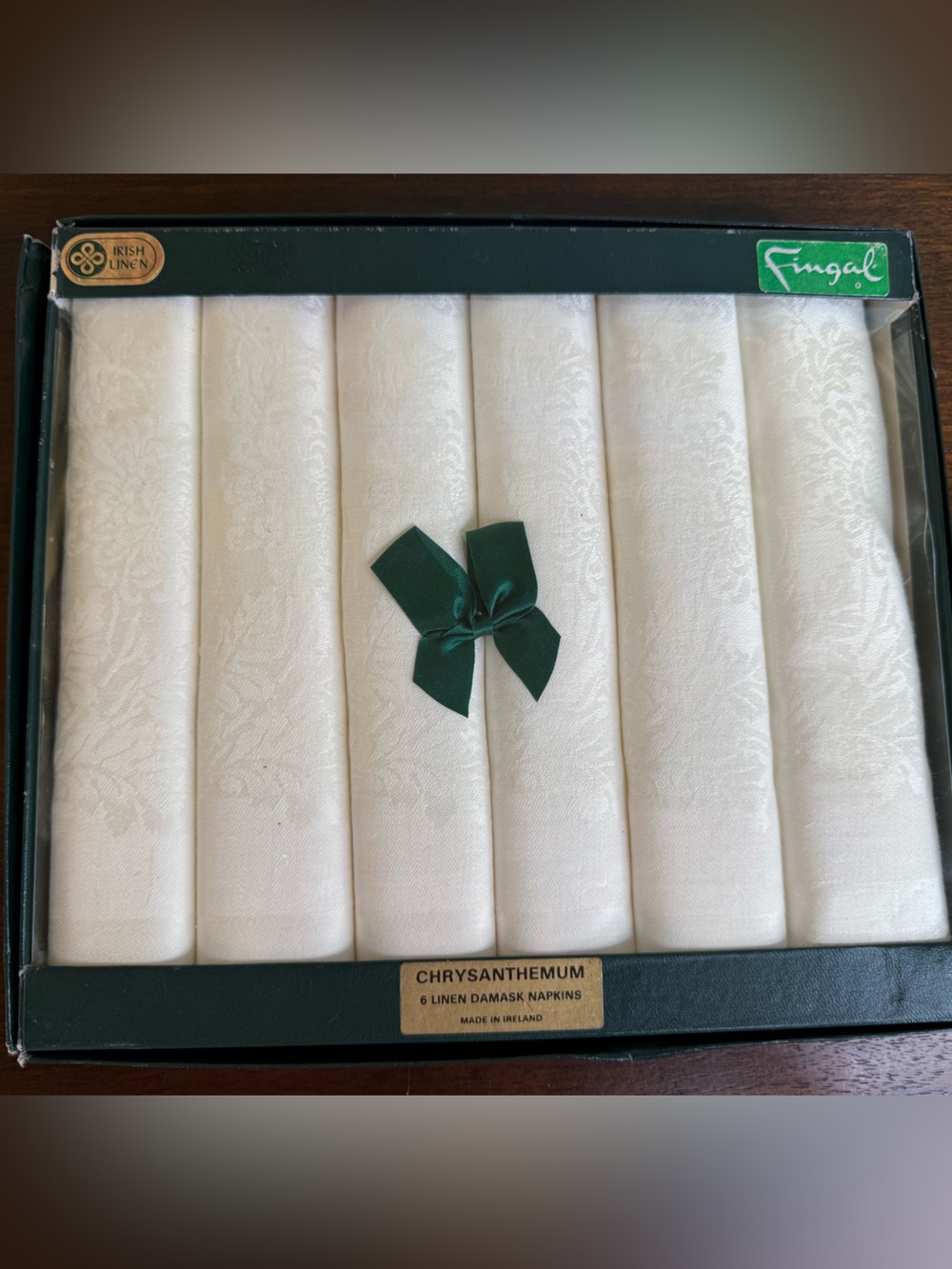 Vintage Fingal Irish linen napkins — set of 6. Chrysanthemum pattern new in box